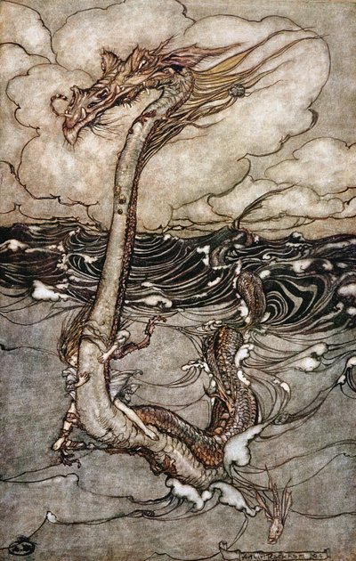 A Young Girl Riding a Sea Serpent, 1904 by Arthur Rackham